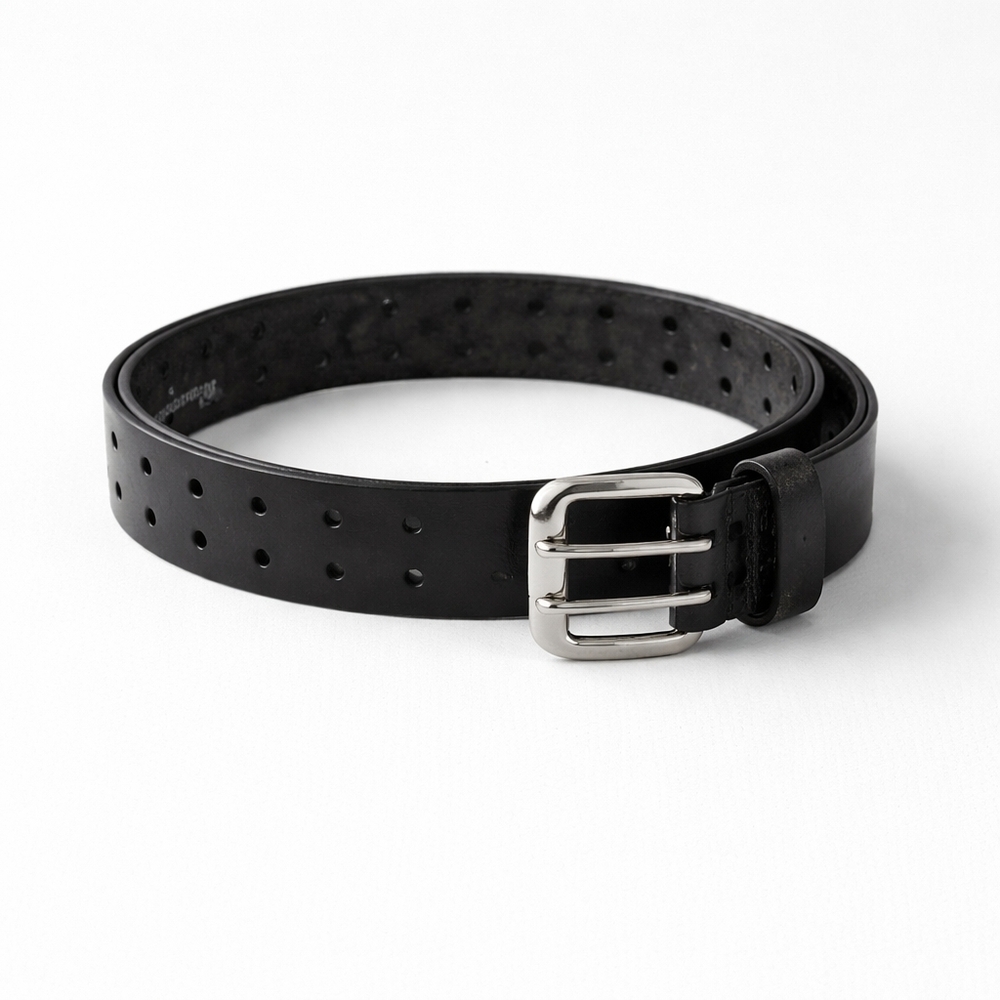 Levi’s Black Bonded Leather Belt Sz 32 / 80 Double Prong Silver Buckle